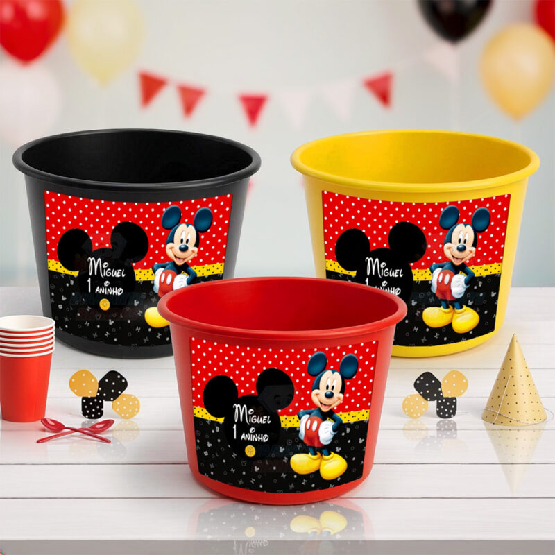 Balde de pipoca personalizado do Mickey em festa infantil, kit 3 cores (preto, amarelo e vermelho)